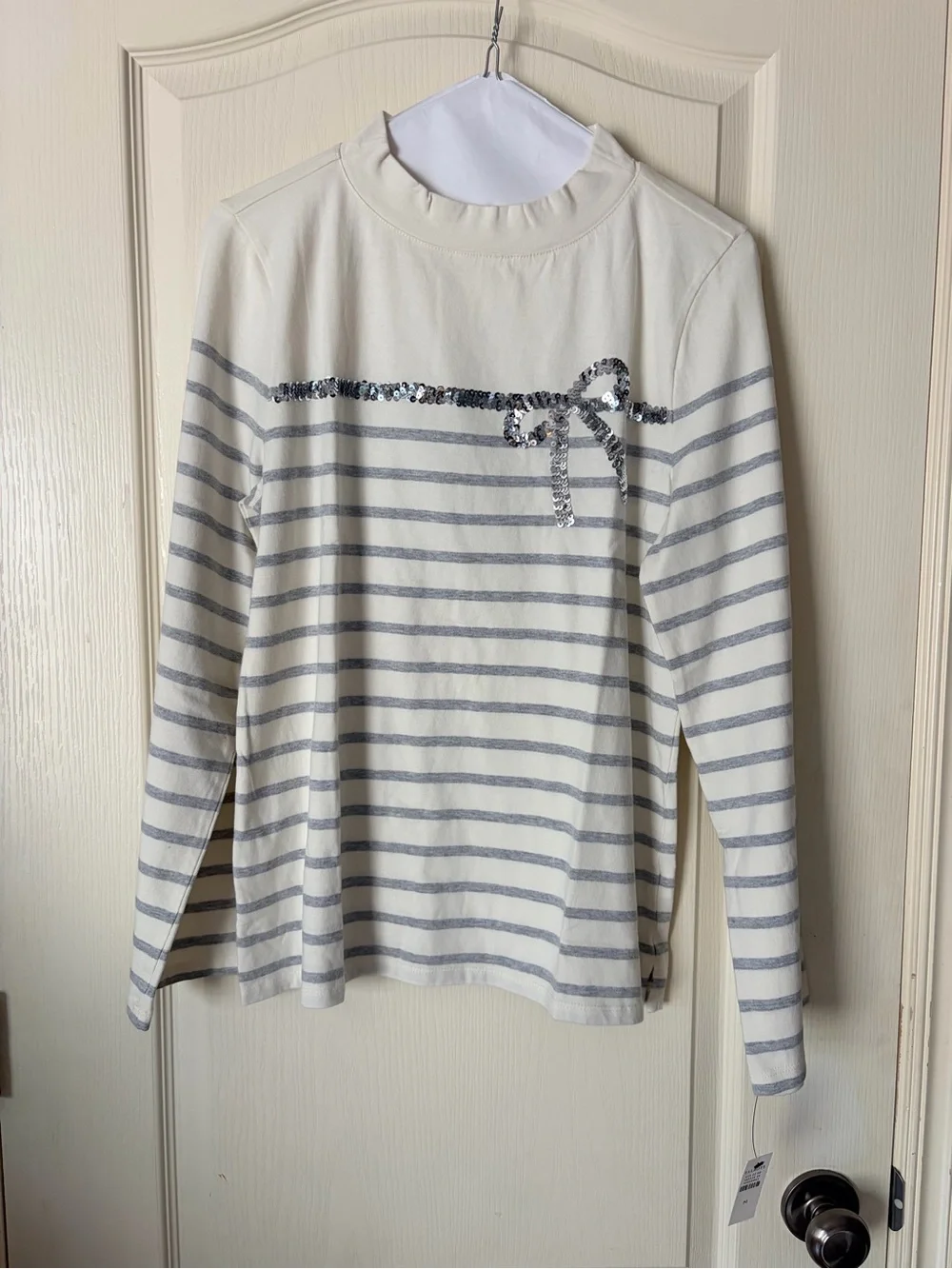 NWT Talbots Sequin Ribbon Stripe Mockneck Longsleeve Tee, Medium